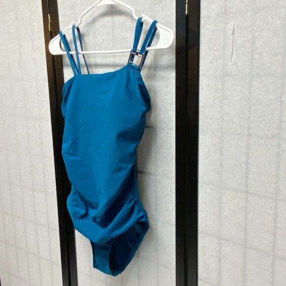 Aqua Green Double Strap High Asymmetrical Neck One Piece Swimsuit Teal NWT - Picture 5 of 12